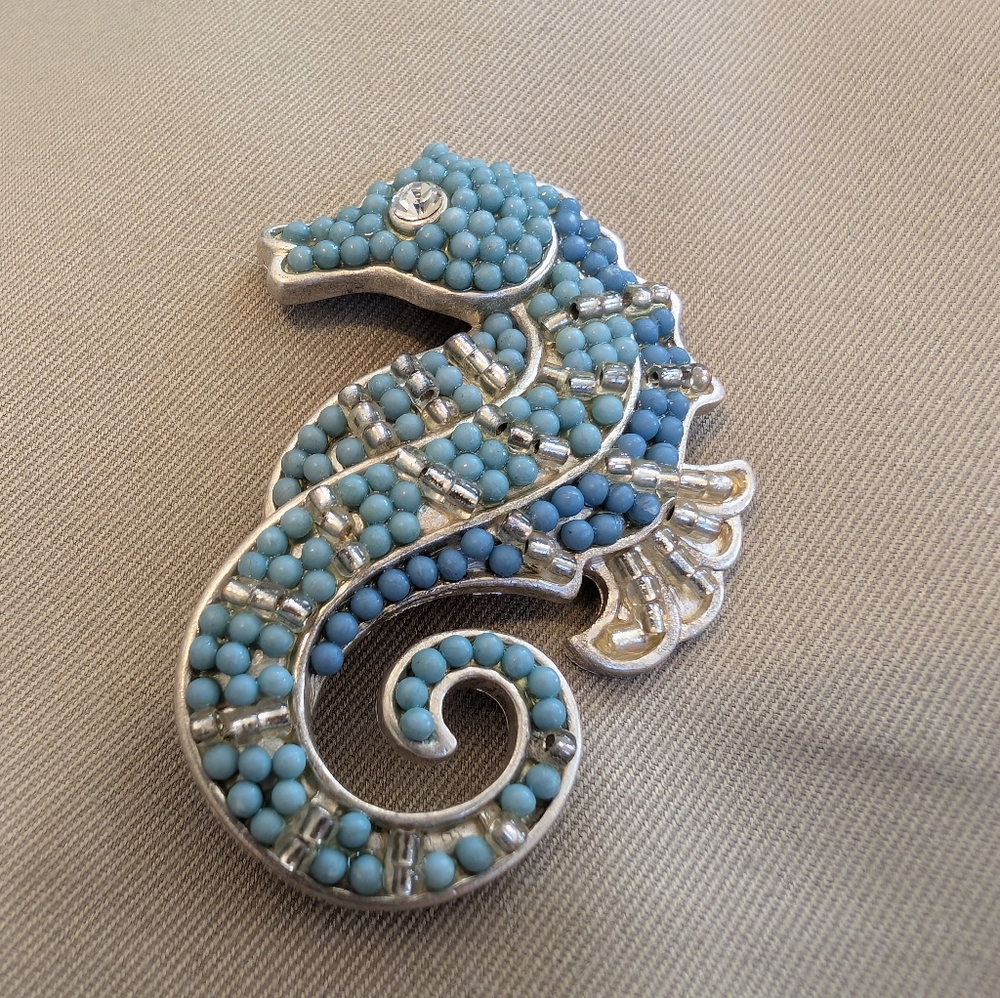 Vintage Blue Seahorse Beaded Brooch